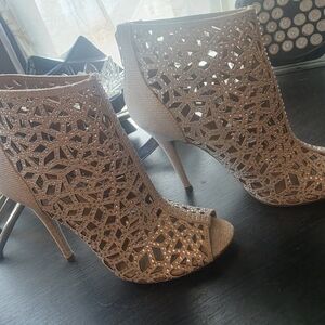 Zigi Soho Rose Gold Glitter Cutout Peep-Toe High Heel Booties